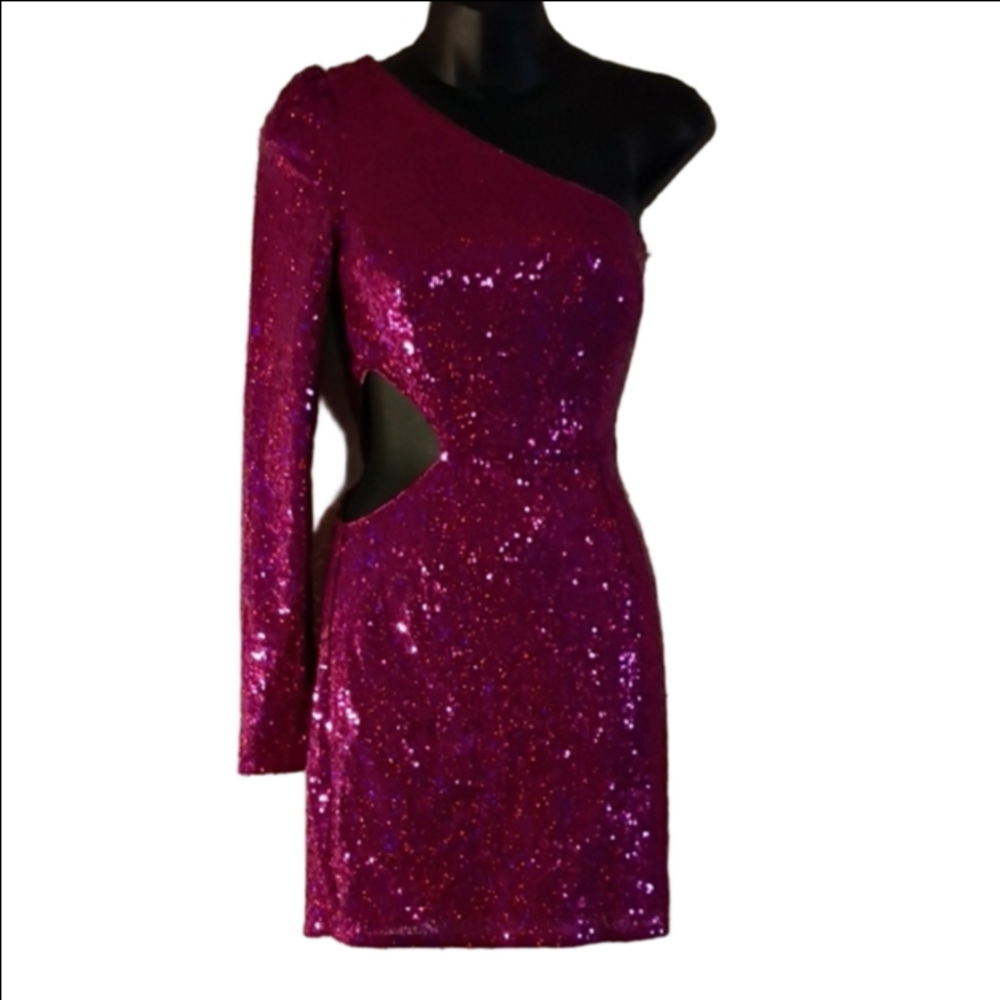 Lulu's Dazzling Pink One-Shoulder Sequin Dress